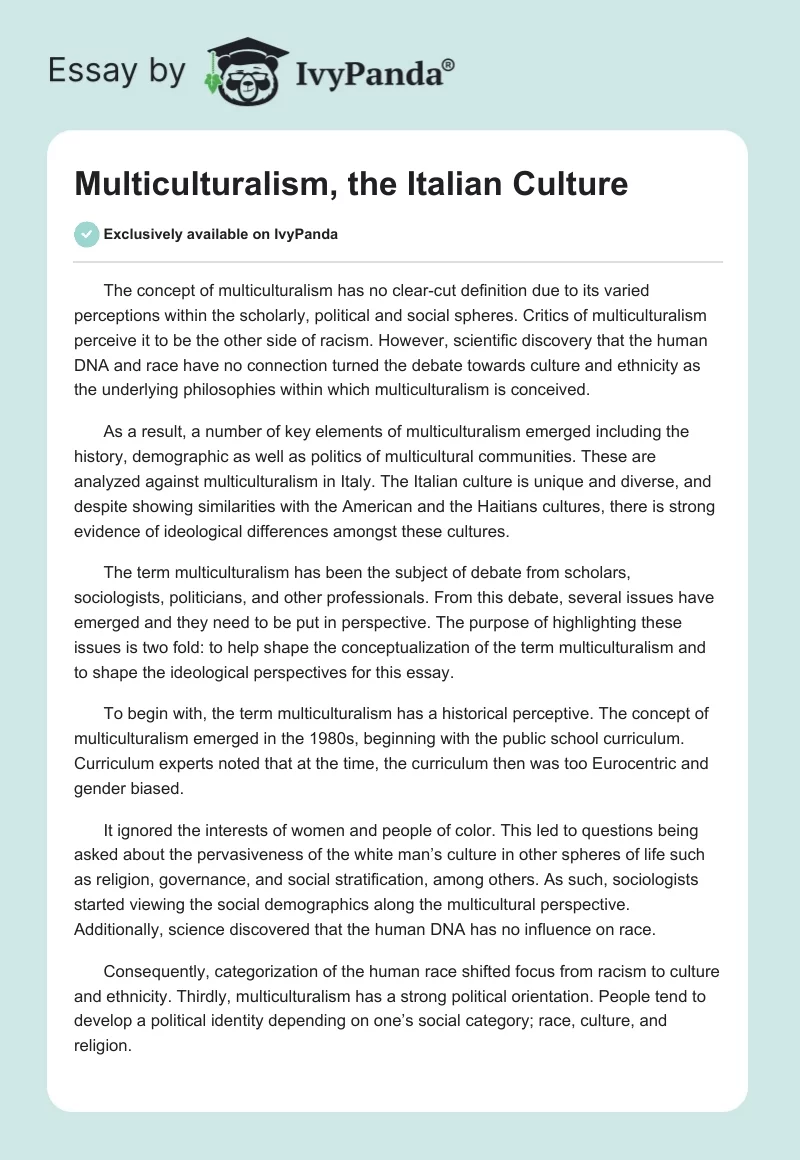 Multiculturalism, the Italian Culture. Page 1