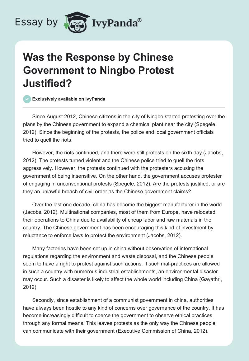 Was the Response by Chinese Government to Ningbo Protest Justified?. Page 1
