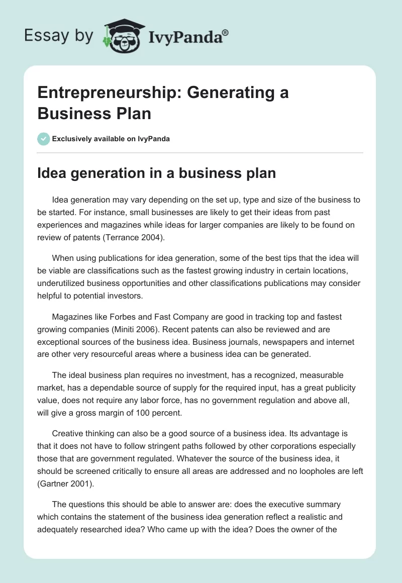 Entrepreneurship: Generating a Business Plan. Page 1