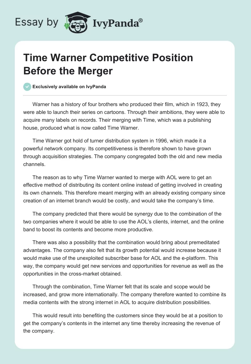 Time Warner Competitive Position Before the Merger. Page 1