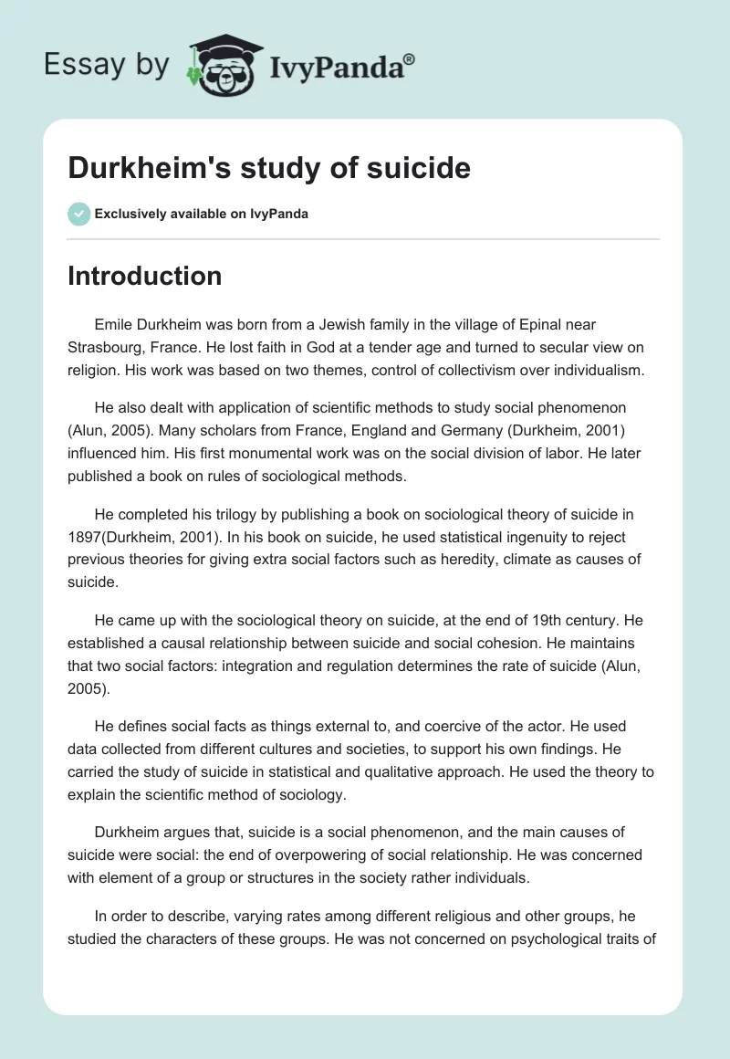 Durkheim's study of suicide. Page 1