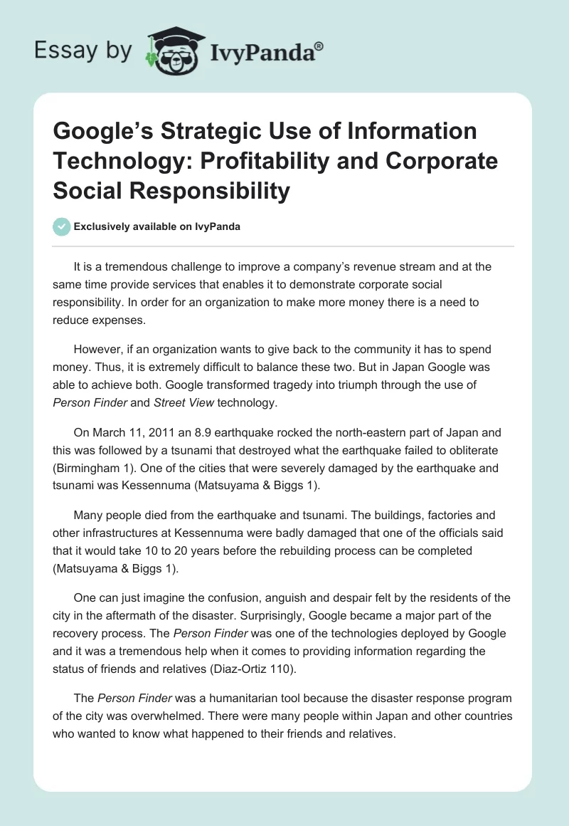 Google’s Strategic Use of Information Technology: Profitability and Corporate Social Responsibility. Page 1