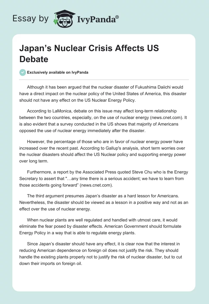 Japan’s Nuclear Crisis Affects US Debate. Page 1