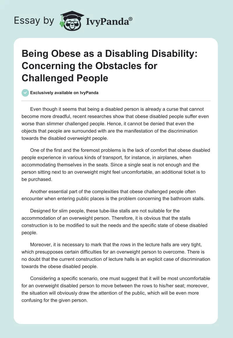 Being Obese as a Disabling Disability: Concerning the Obstacles for Challenged People. Page 1