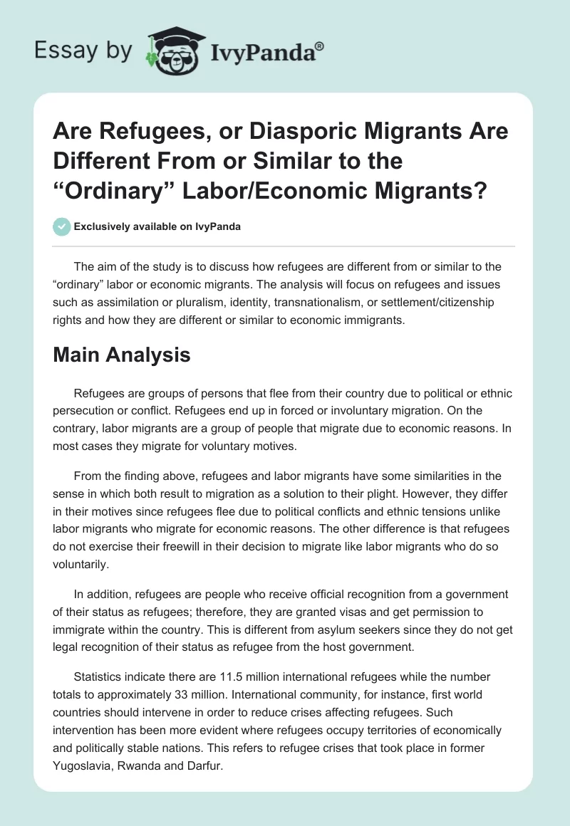 Are Refugees, or Diasporic Migrants Are Different From or Similar to the “Ordinary” Labor/Economic Migrants?. Page 1
