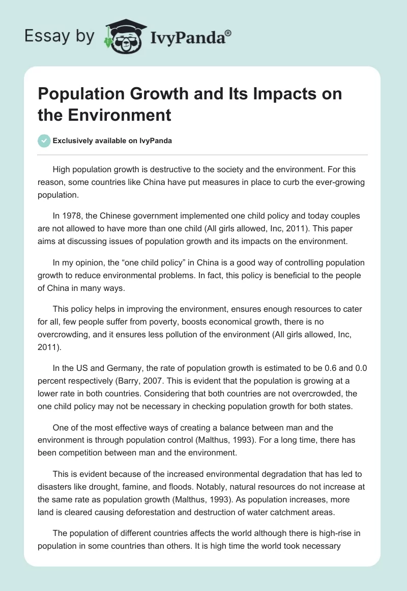 Population Growth and Its Impacts on the Environment. Page 1