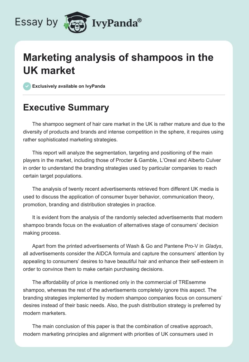 Marketing analysis of shampoos in the UK market. Page 1