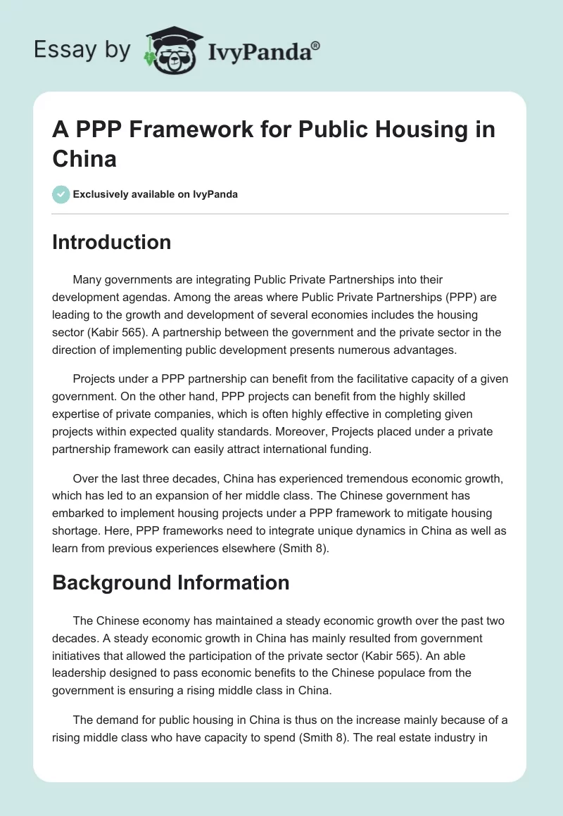 A PPP Framework for Public Housing in China. Page 1