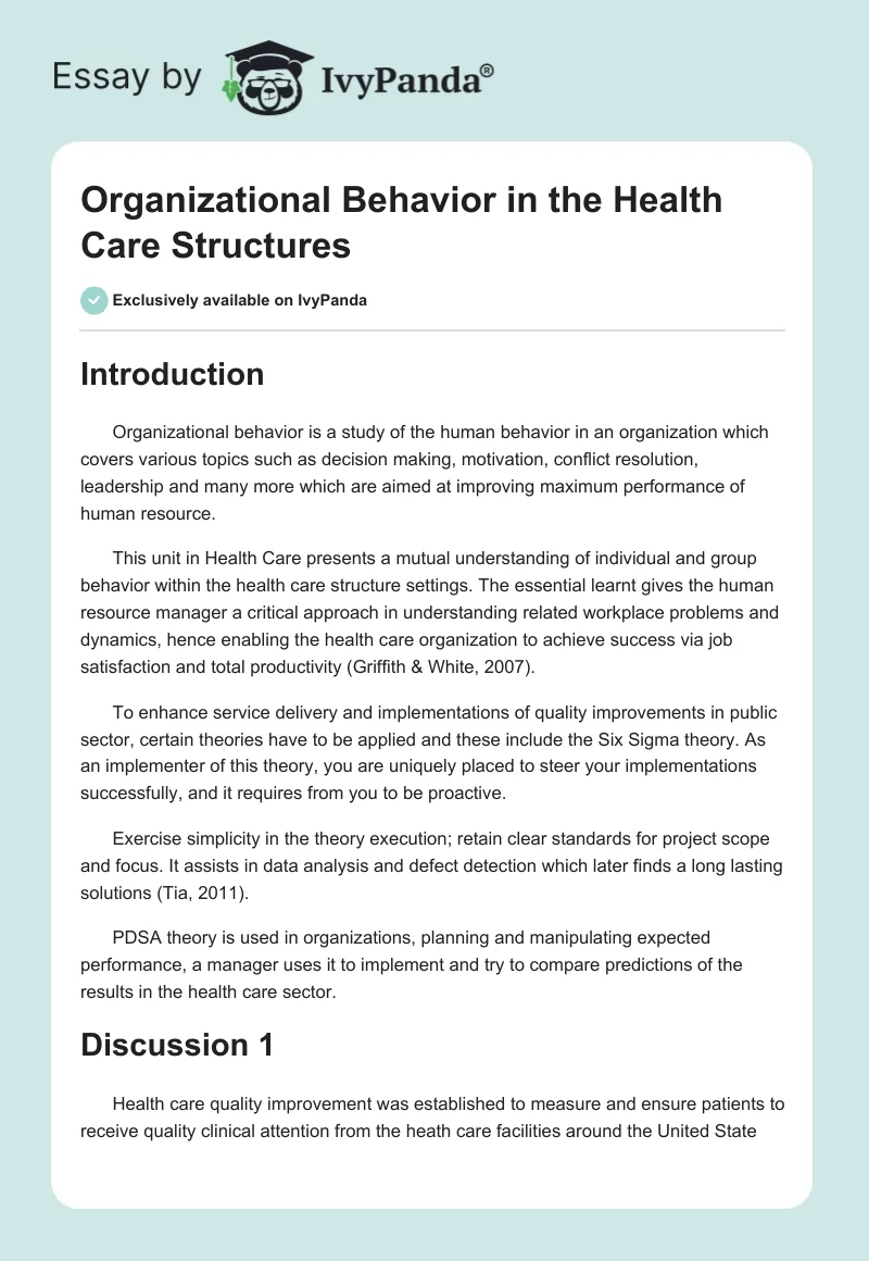 Organizational Behavior in the Health Care Structures. Page 1