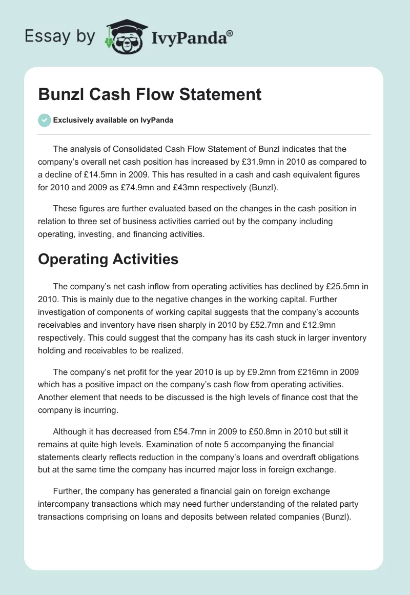 Bunzl Cash Flow Statement. Page 1