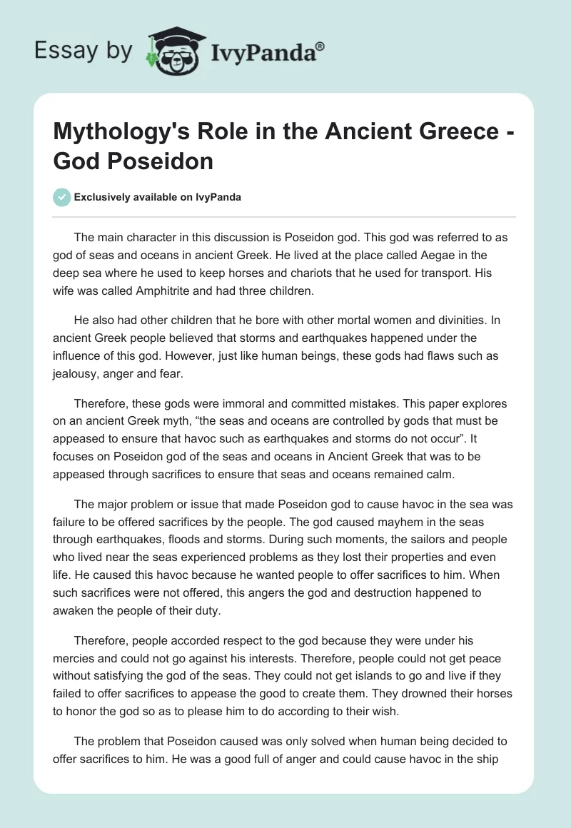 Mythology's Role in the Ancient Greece - God Poseidon. Page 1