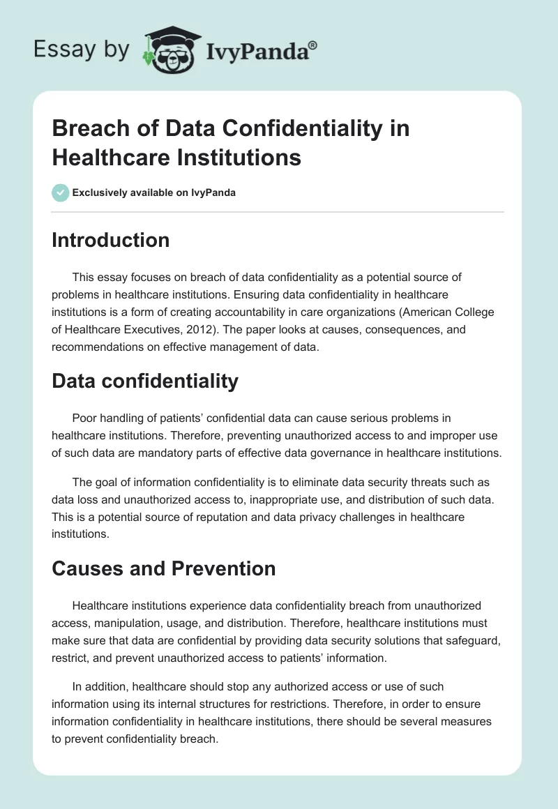 Breach of Data Confidentiality in Healthcare Institutions. Page 1