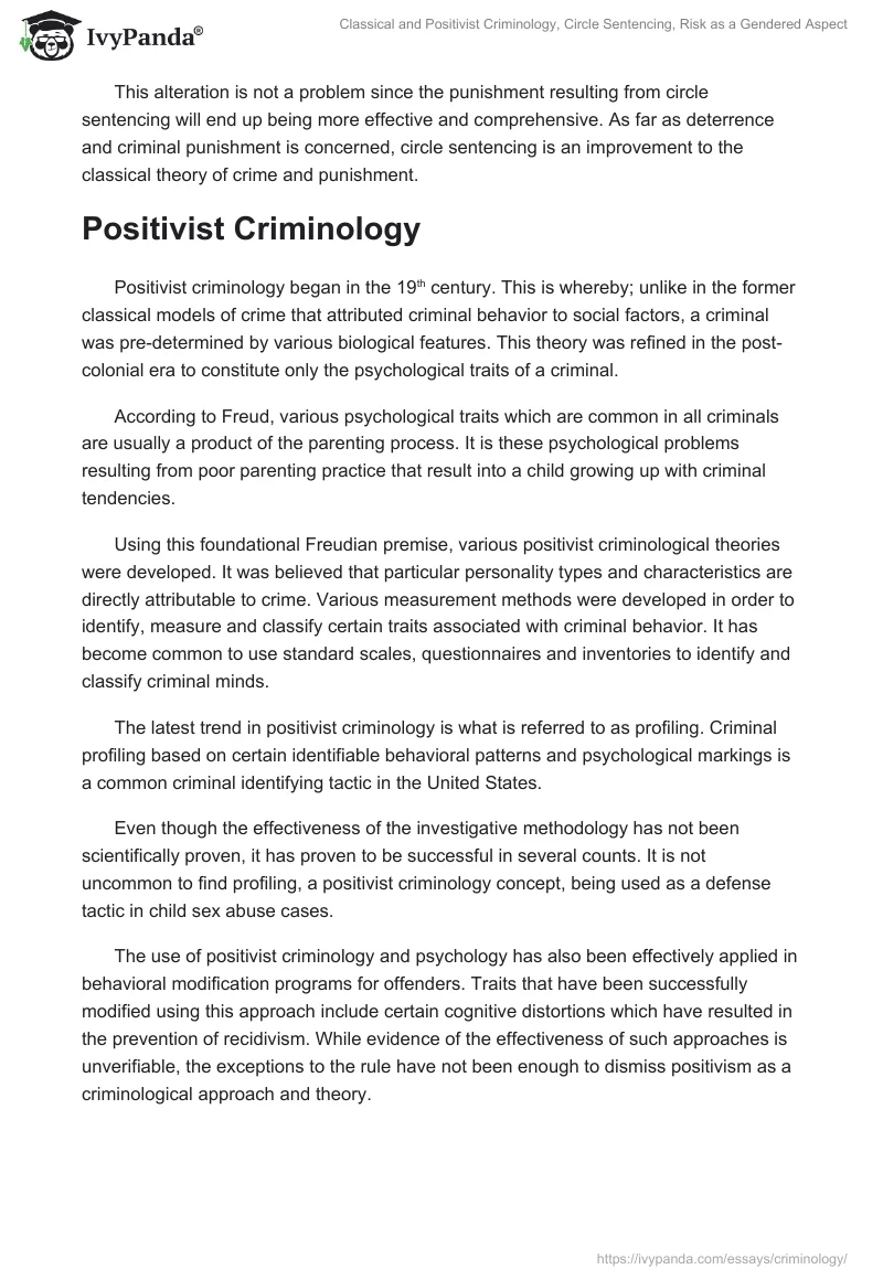 Classical and Positivist Criminology, Circle Sentencing, Risk as a Gendered Aspect. Page 2