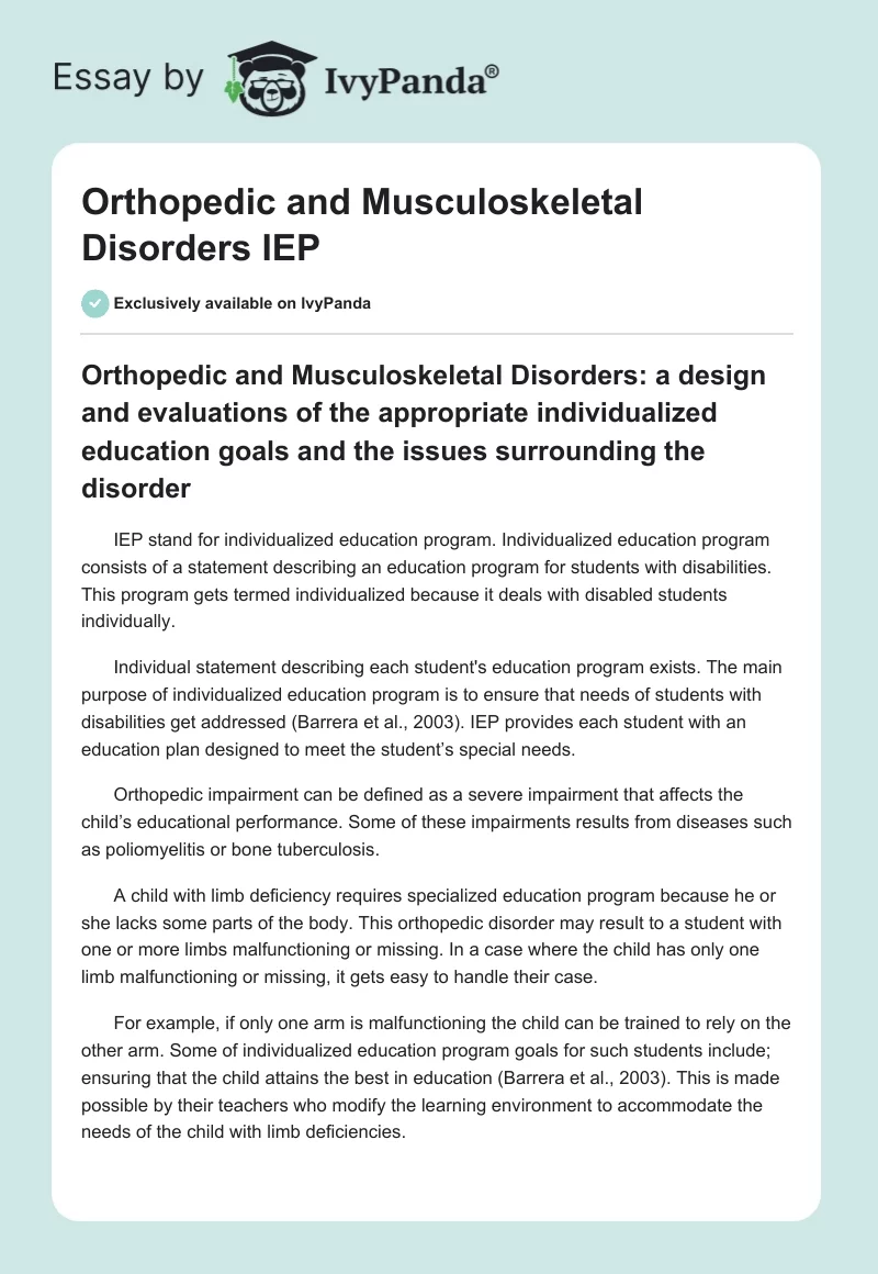 Orthopedic and Musculoskeletal Disorders IEP. Page 1