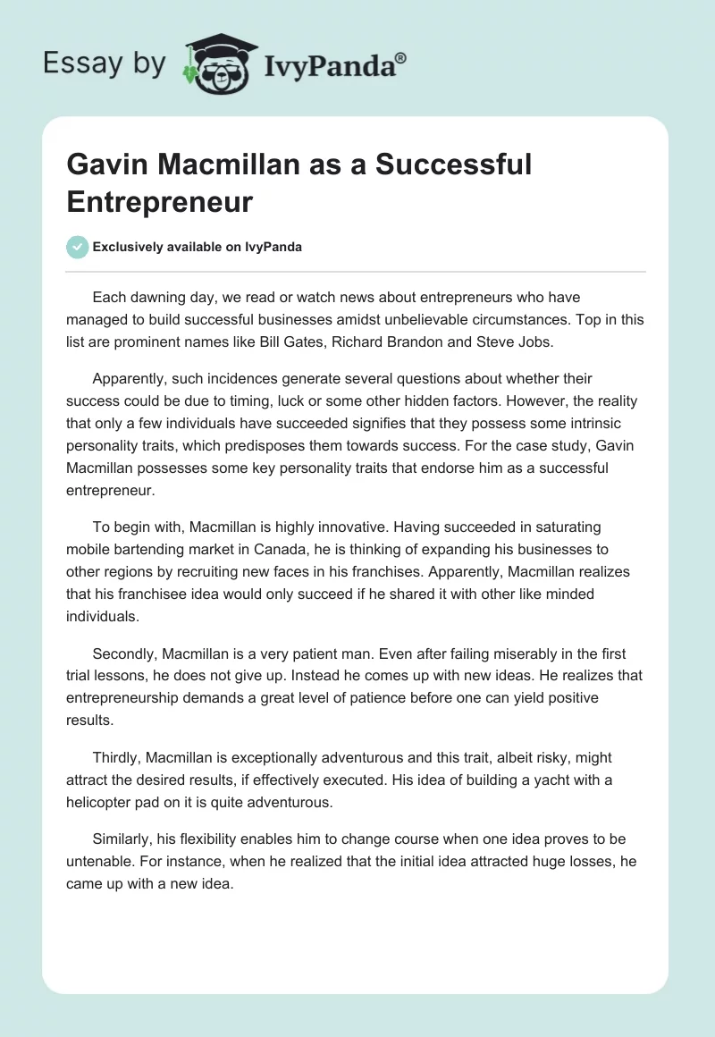 Gavin Macmillan as a Successful Entrepreneur. Page 1