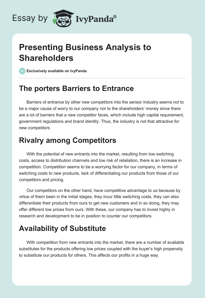 Presenting Business Analysis to Shareholders. Page 1