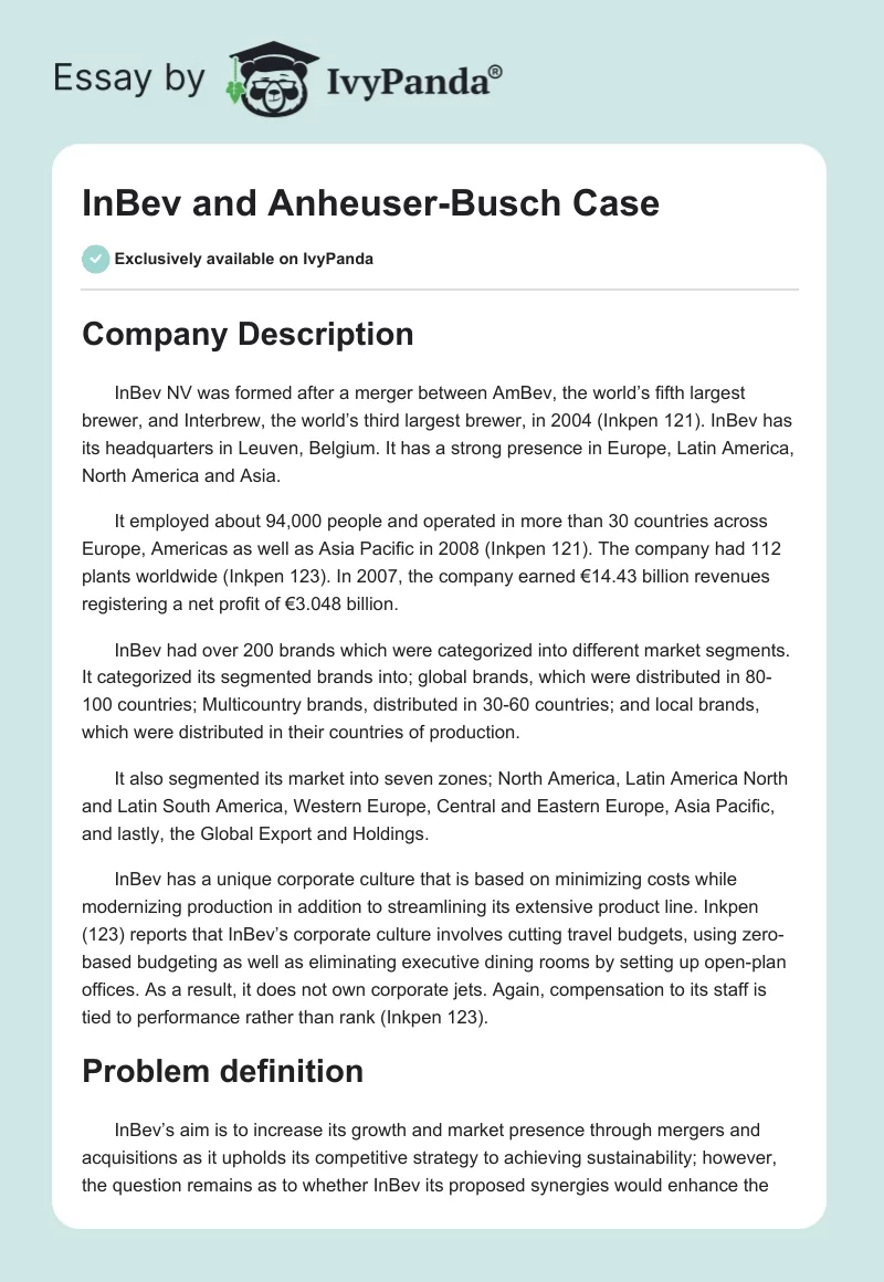 InBev and Anheuser-Busch Case. Page 1