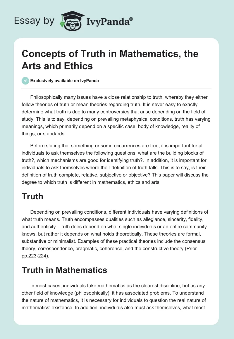 Concepts of Truth in Mathematics, the Arts and Ethics. Page 1