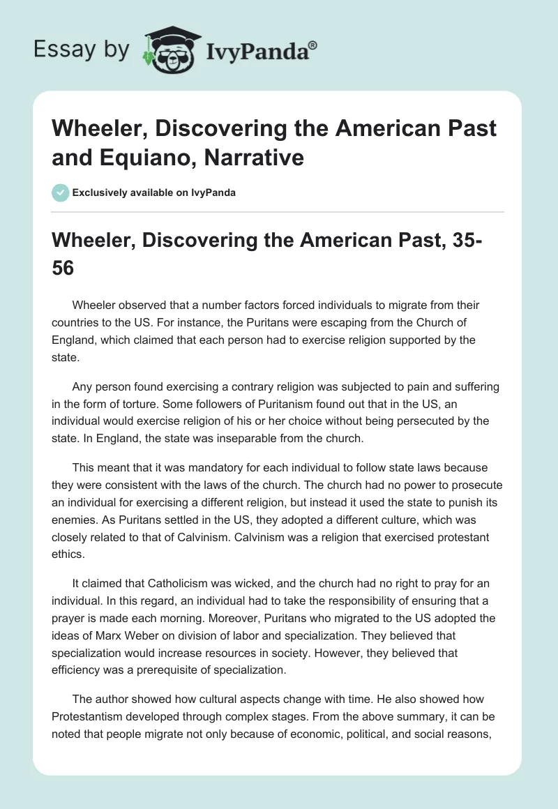 Wheeler, Discovering the American Past and Equiano, Narrative. Page 1