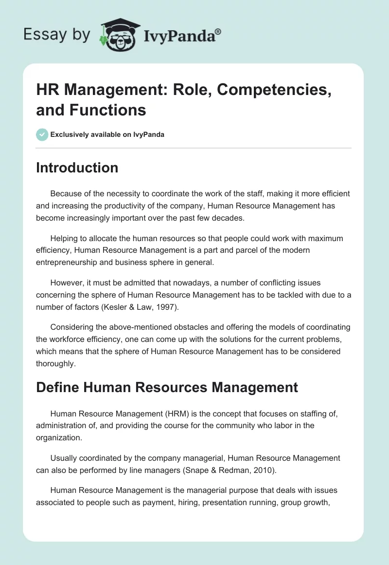 HR Management: Role, Competencies, and Functions. Page 1
