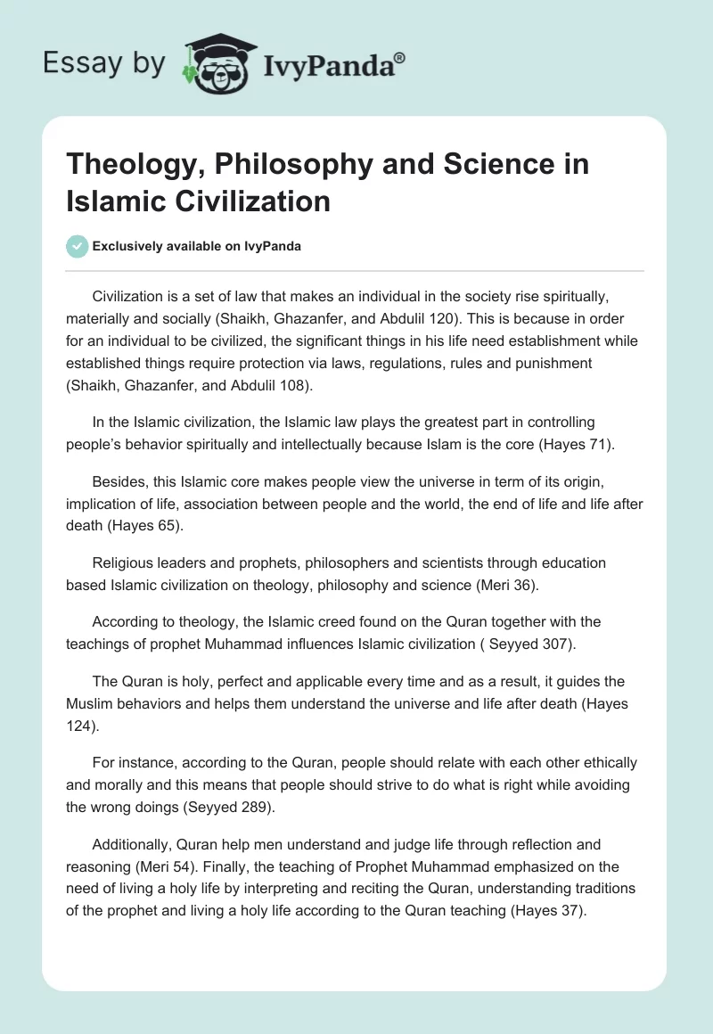 Theology, Philosophy and Science in Islamic Civilization. Page 1