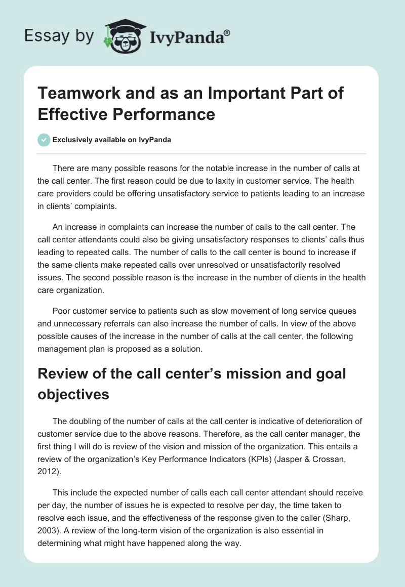 Teamwork and as an Important Part of Effective Performance. Page 1