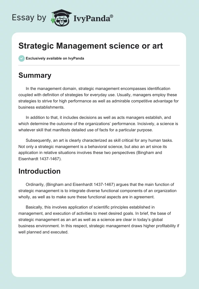 Strategic Management science or art. Page 1