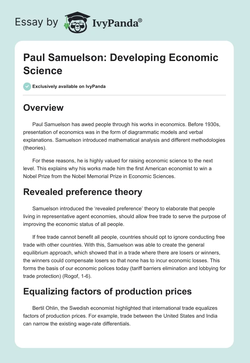 Paul Samuelson: Developing Economic Science. Page 1