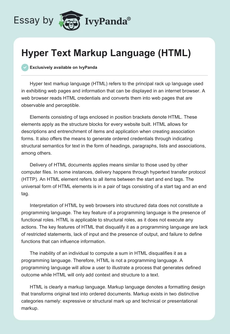 Hyper Text Markup Language (HTML). Page 1