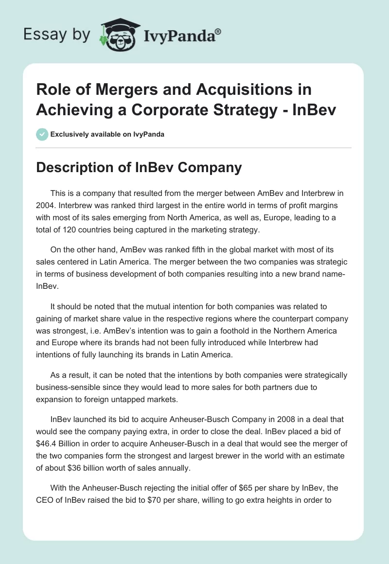 Role of Mergers and Acquisitions in Achieving a Corporate Strategy - InBev. Page 1