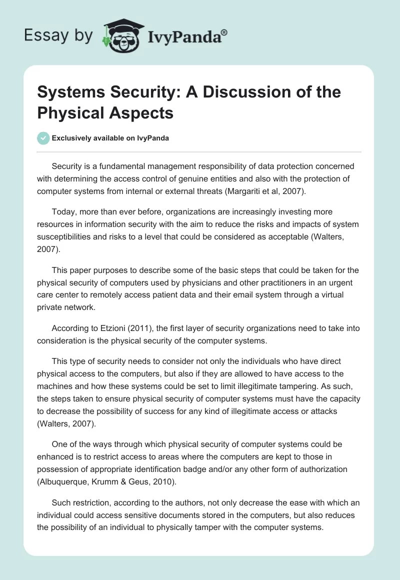Systems Security: A Discussion of the Physical Aspects. Page 1