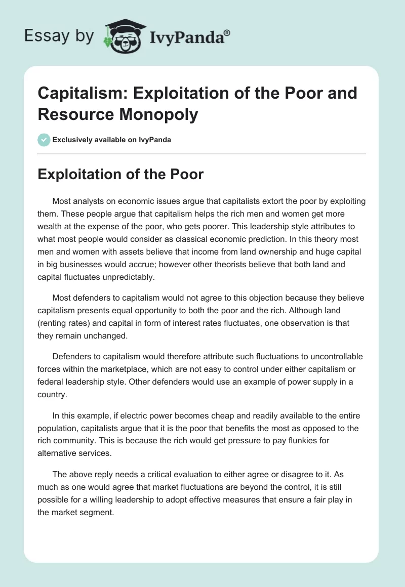 Capitalism: Exploitation of the Poor and Resource Monopoly. Page 1