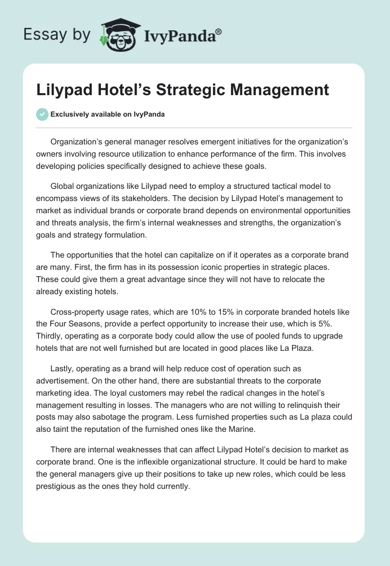 Lilypad Hotel’s Strategic Management. Page 1