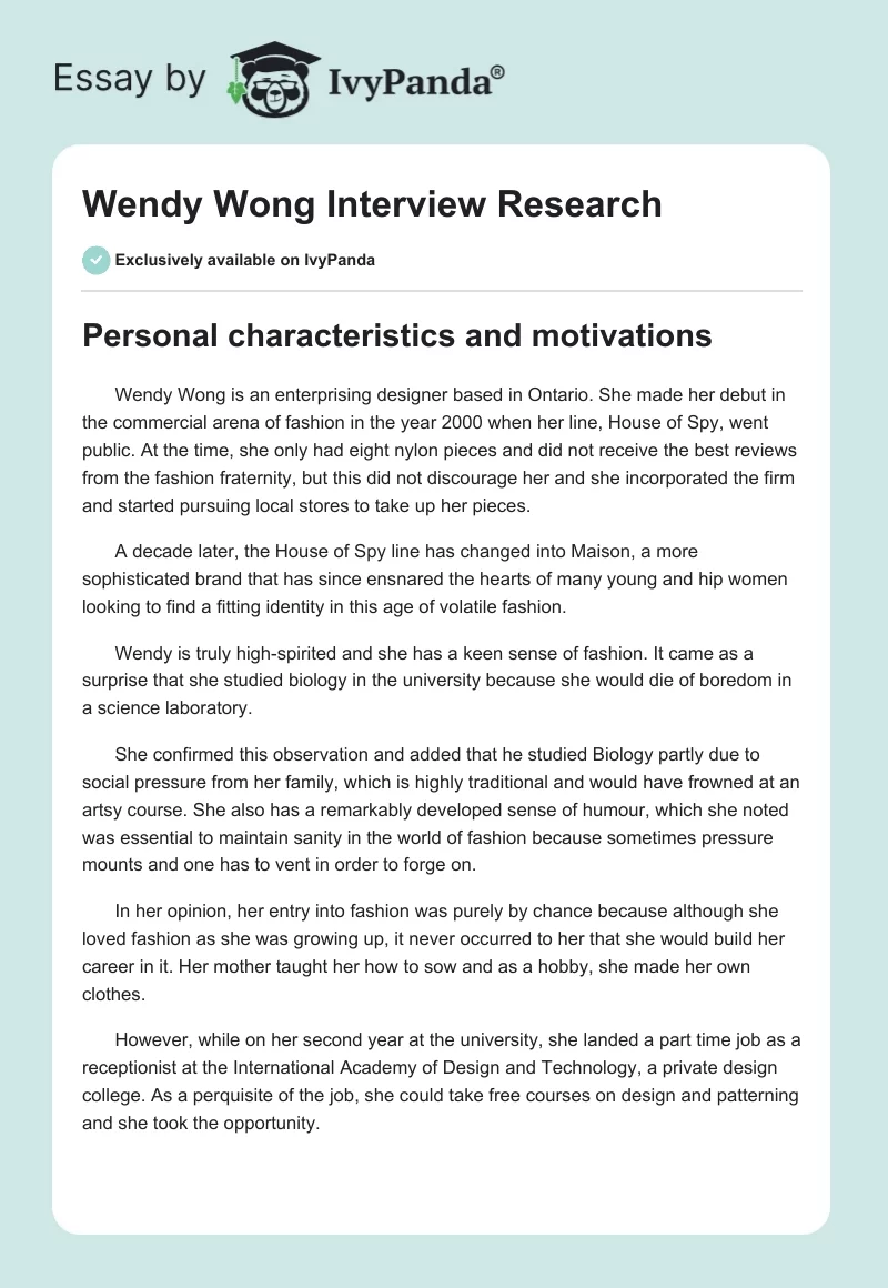 Wendy Wong Interview Research. Page 1