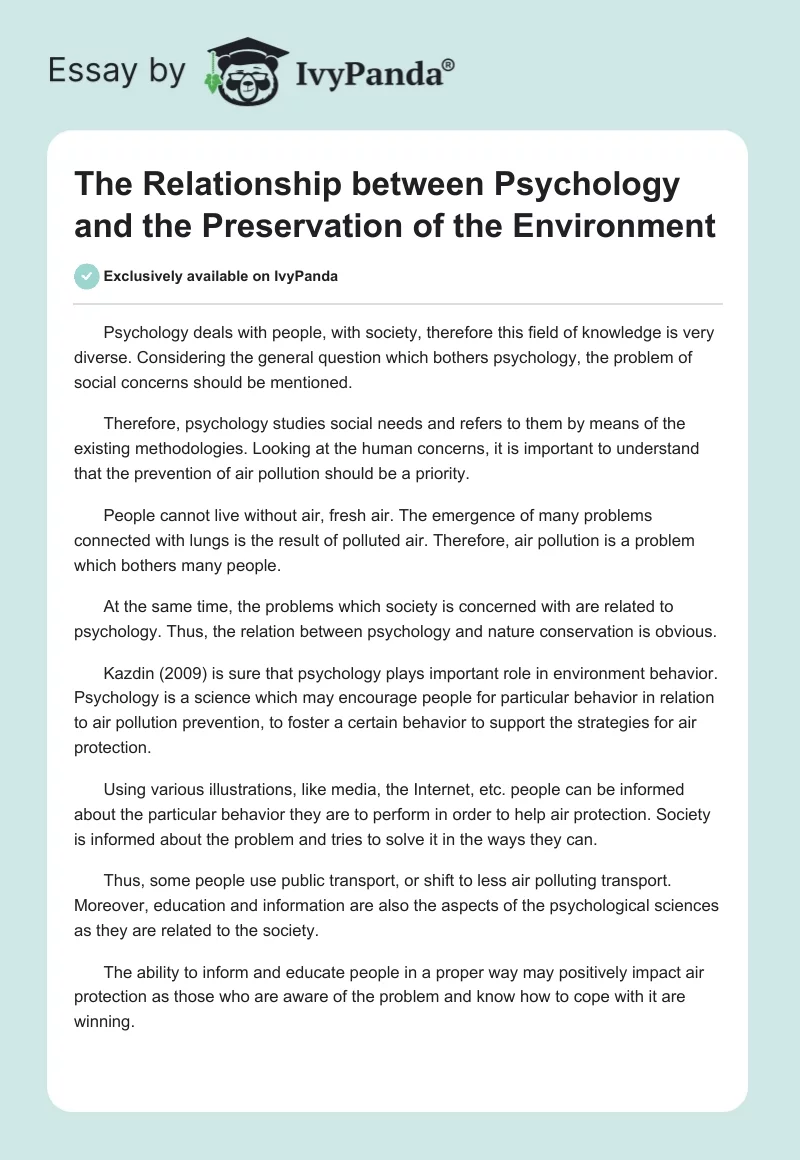 The Relationship Between Psychology and the Preservation of the Environment. Page 1