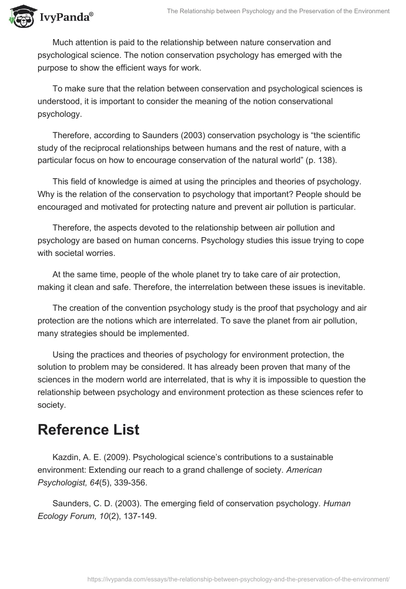 The Relationship Between Psychology and the Preservation of the Environment. Page 2