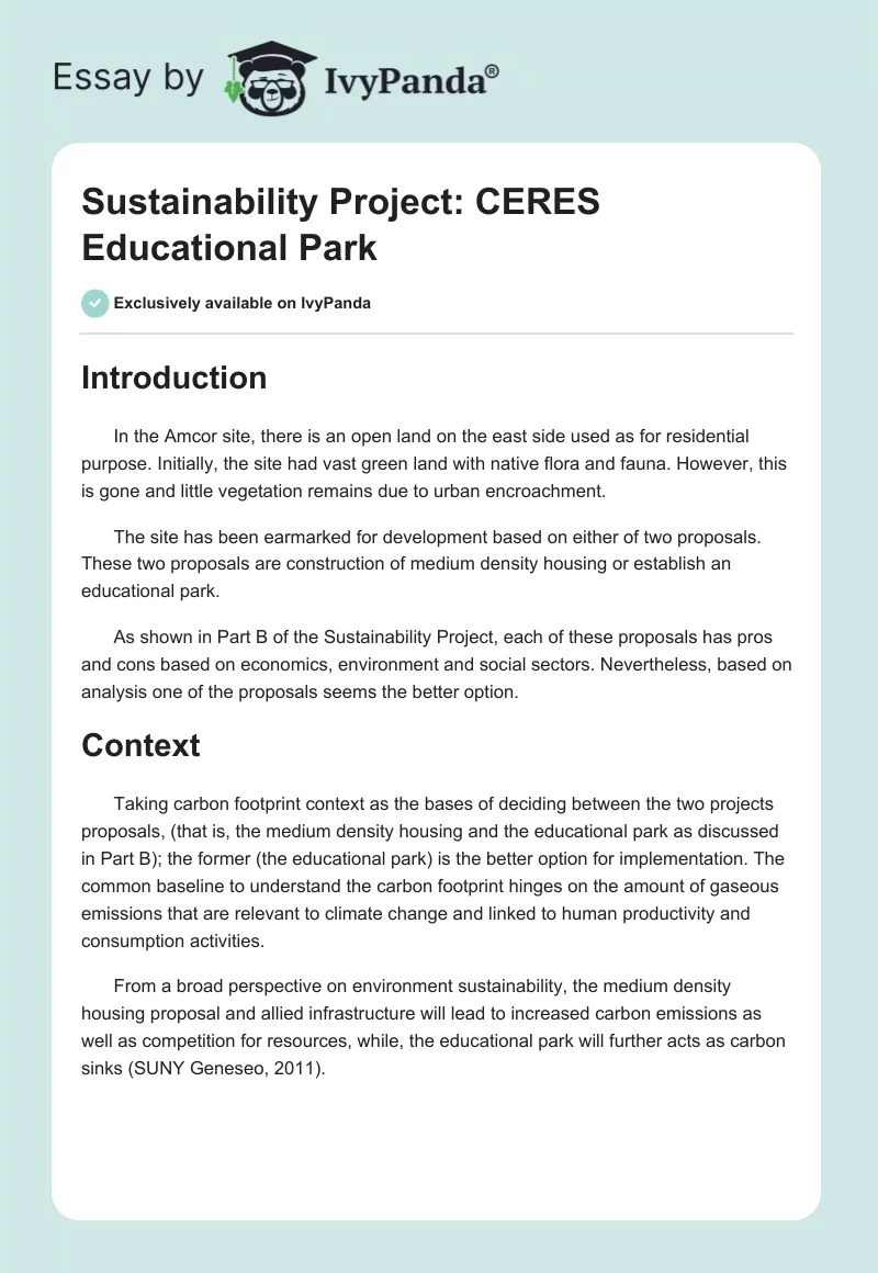 Sustainability Project: CERES Educational Park. Page 1