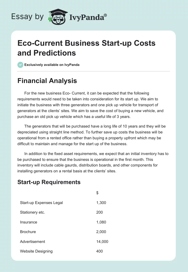 Eco-Current Business Start-up Costs and Predictions. Page 1