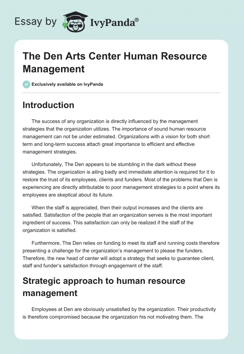 The Den Arts Center Human Resource Management. Page 1