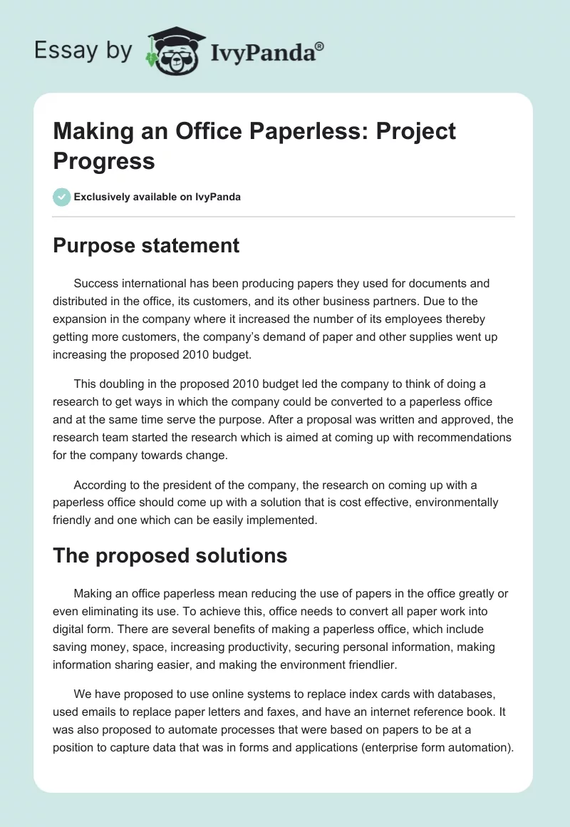Making an Office Paperless: Project Progress. Page 1