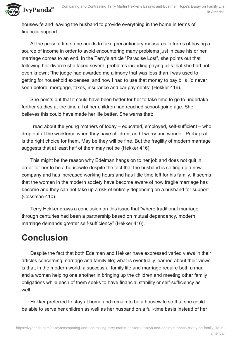 Comparing and Contrasting Terry Martin Hekker’s Essays and Edelman Hope’s Essay on Family Life in America. Page 4