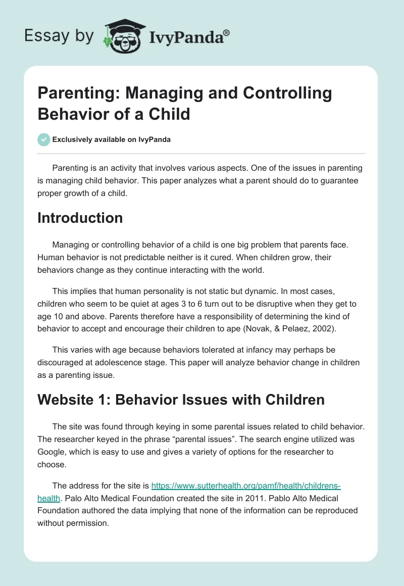Parenting: Managing and Controlling Behavior of a Child. Page 1