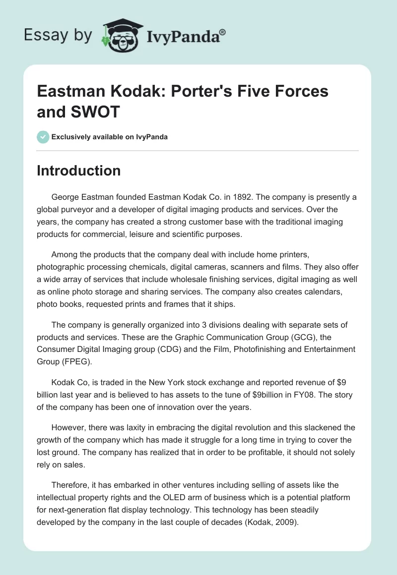 Eastman Kodak: Porter's Five Forces and SWOT. Page 1