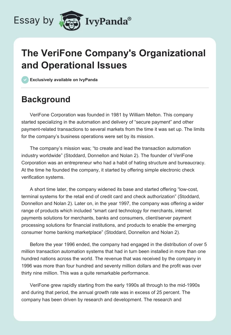 The VeriFone Company's Organizational and Operational Issues. Page 1