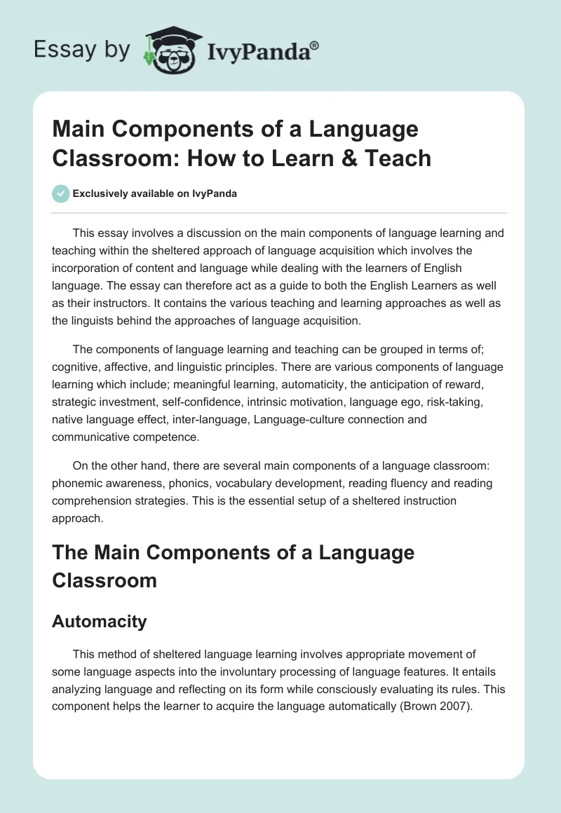 Main Components of a Language Classroom: How to Learn & Teach. Page 1
