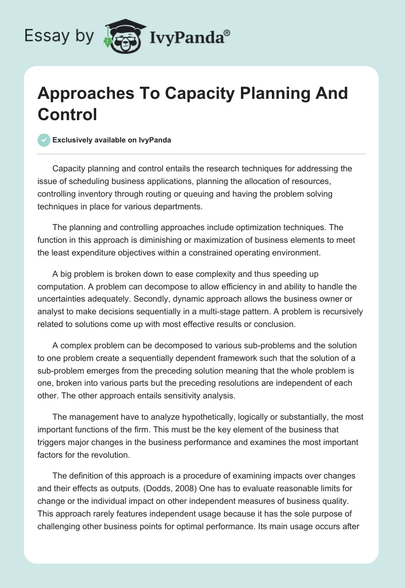 Approaches To Capacity Planning And Control. Page 1