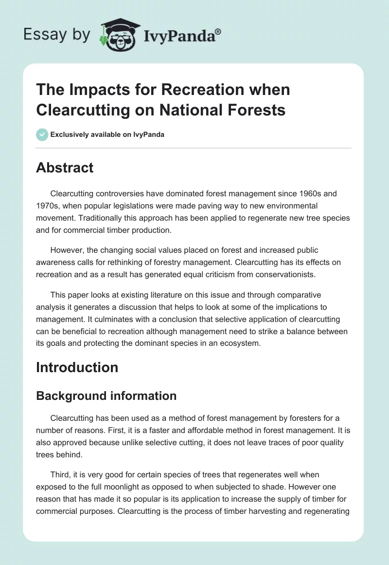 The Impacts for Recreation when Clearcutting on National Forests. Page 1