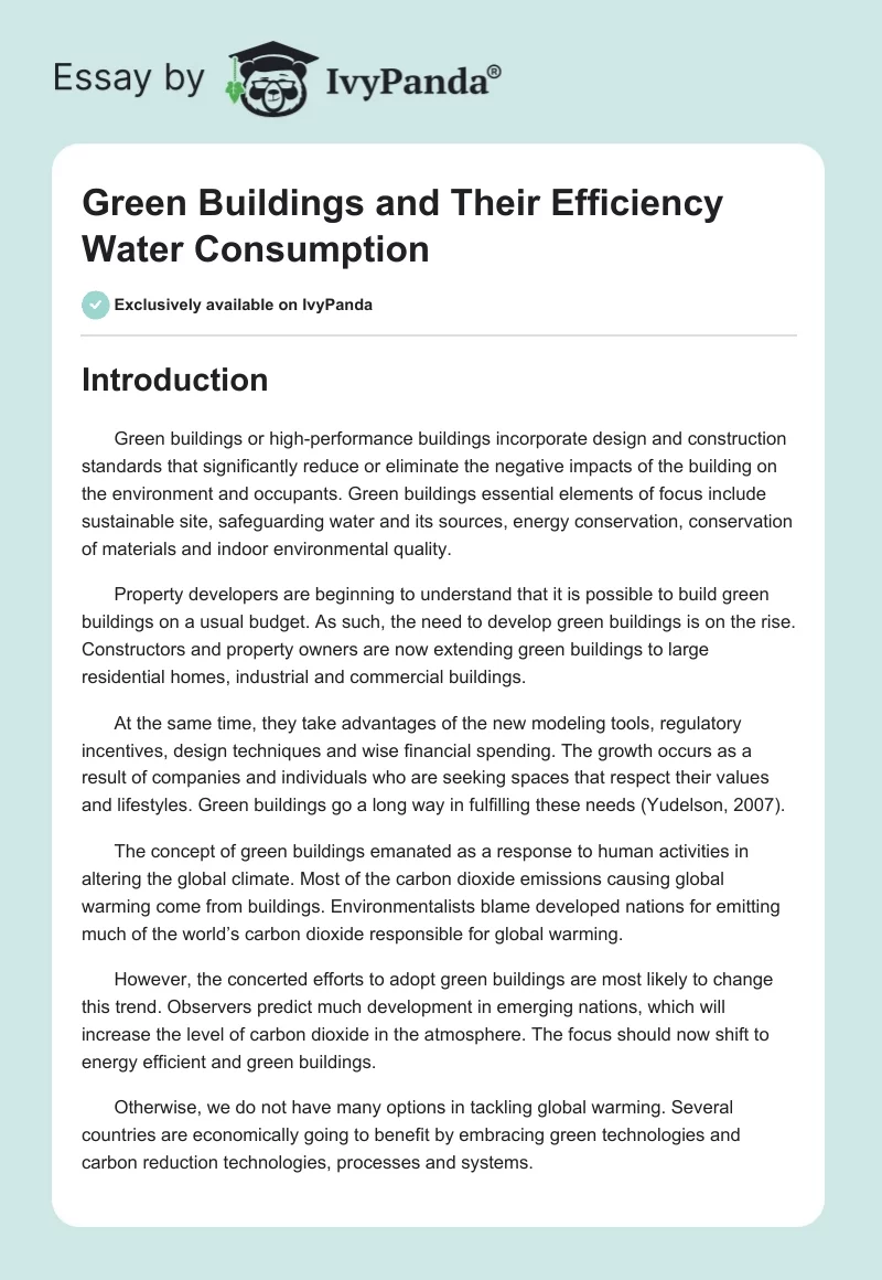 Green Buildings and Their Efficiency Water Consumption. Page 1