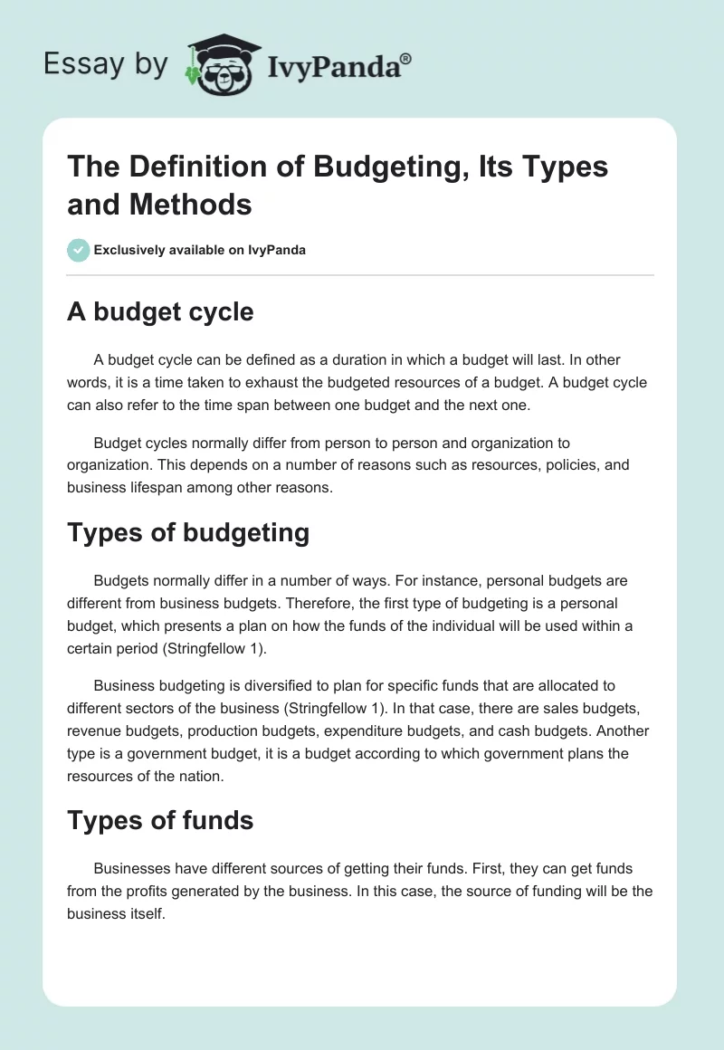 The Definition of Budgeting, Its Types and Methods. Page 1