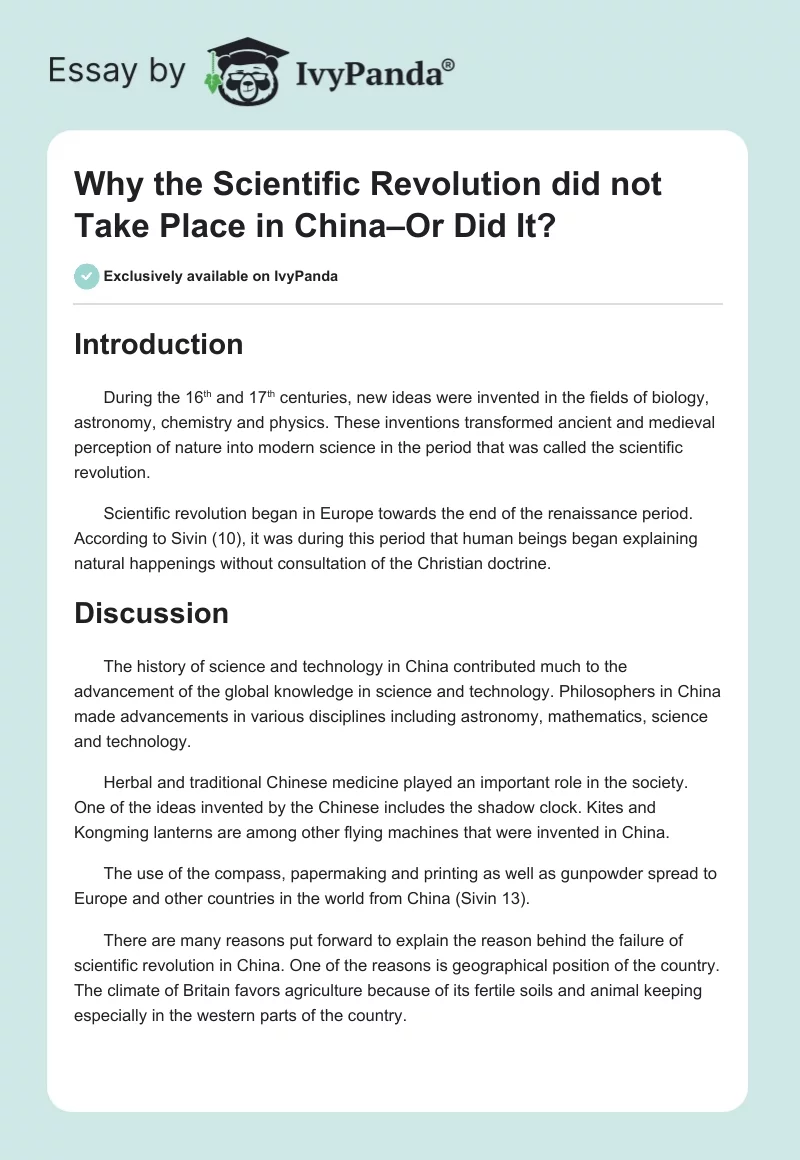Why the Scientific Revolution did not Take Place in China–Or Did It?. Page 1